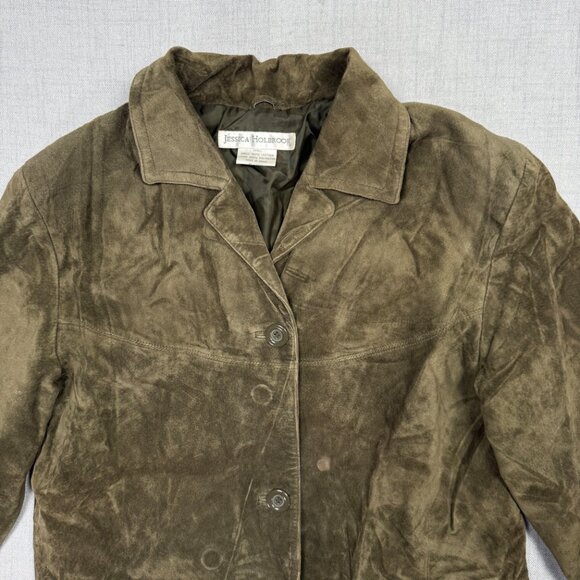 Y2K Jessica Holbrook Suede Jacket Olive Green Button Front Leather Size S Small - Picture 3 of 15
